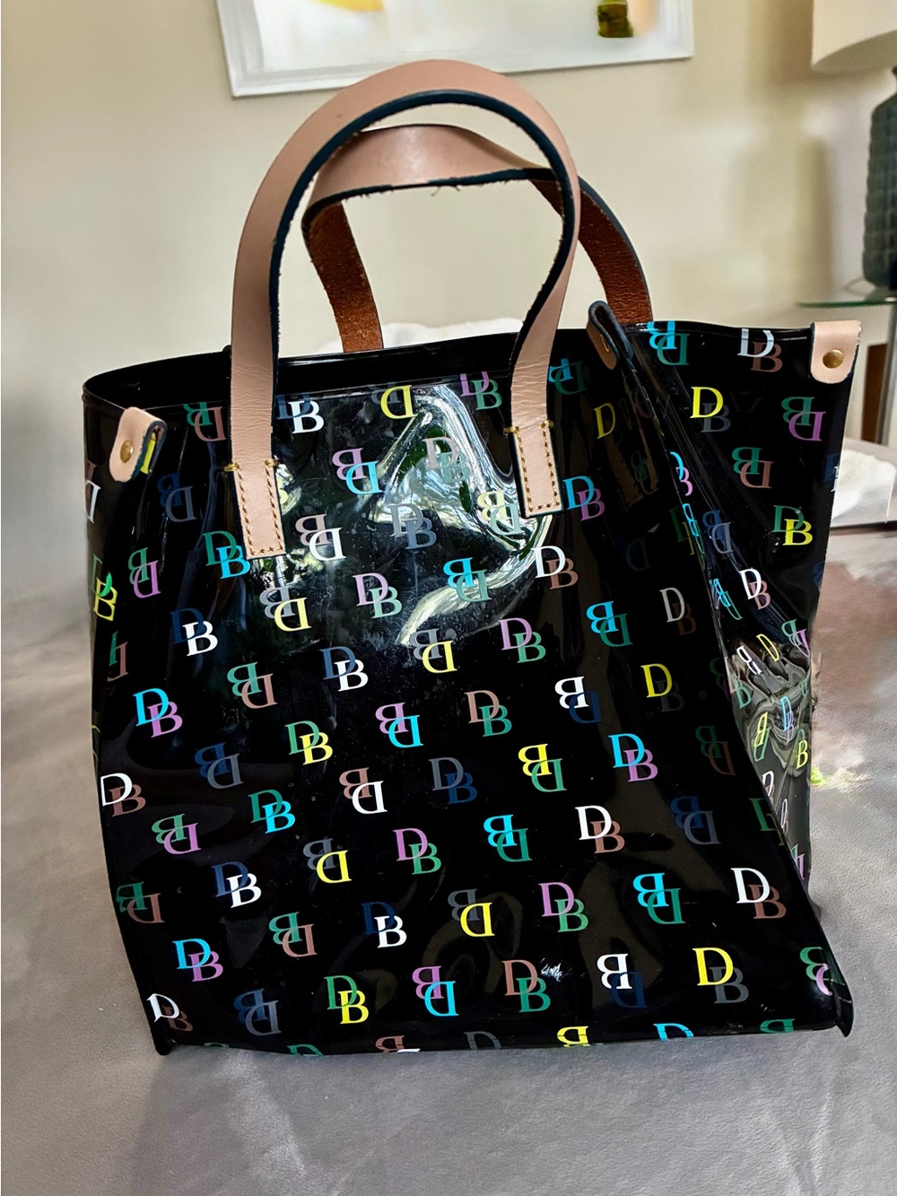 Dooney & Bourke Black Glossy Tote with Multicolor DB Logos and Tan Handles